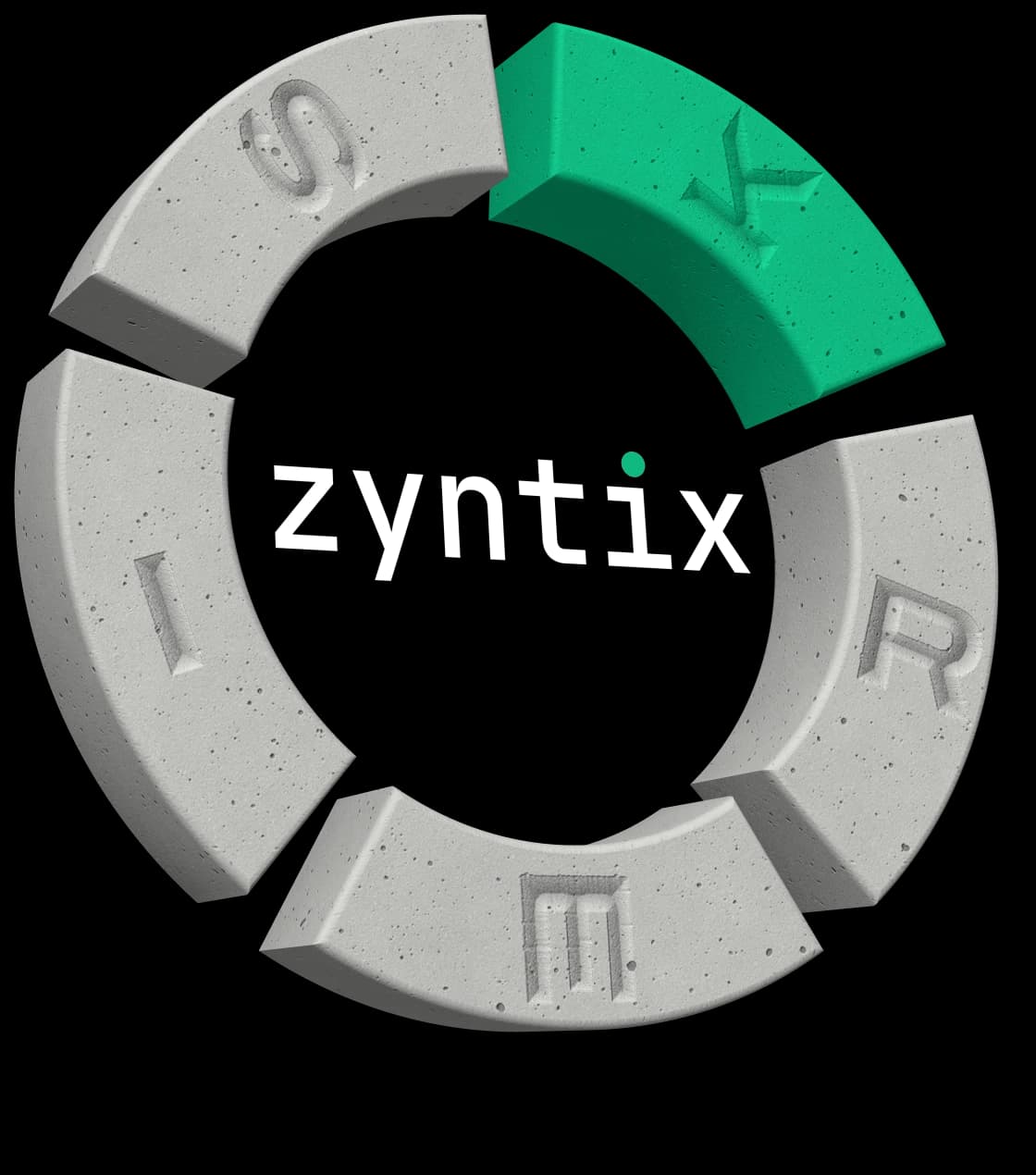 Der Ring von KREIS: fünf Segmente mit K, R, E, I und S, in der Mitte die Wortmarke zyntix